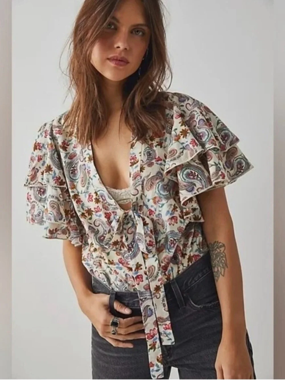 Free People Call Me Later Ruffled Paisley Bodysuit Small